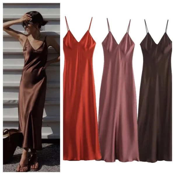 ETJ 2025 Spring New TRAF Elegant women's fashion silk satin texture MIDI dress sexy backless party slip dress
