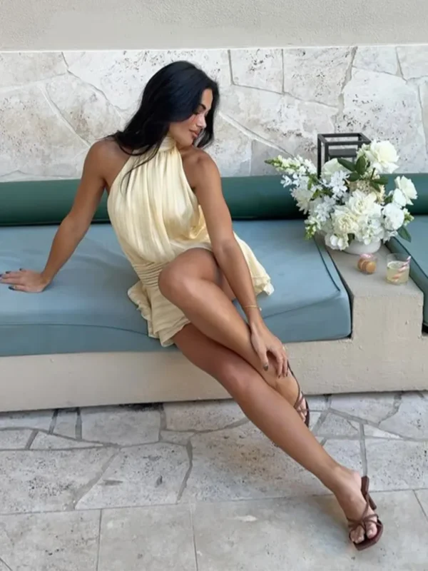 Women Elegant Lotus Leaf Edge Halter Mini Dress Casual Sleeveless Ruffled Retract Waist Robe 2025 New Summer Fashion Commute - Imagen 3