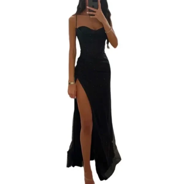 Women's S-XL size Party Fashion Suspender Dress with A Straight Neckline Sleeveless Solid Color Slim Fit Slit Casual Long Dress - Imagen 6