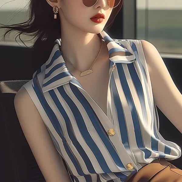 Fashion Lapel Button Printed Sleeveless Striped Shirt Women's Clothing 2025 Summer New Casual Tops Office Lady Blouse - Imagen 4