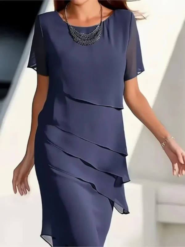 2025 Summer Women's New Solid Color Midi Dress Fashionable Flash Ruffle Edge Round Neck Short Sleeved Casual Comfortable Dress - Imagen 4