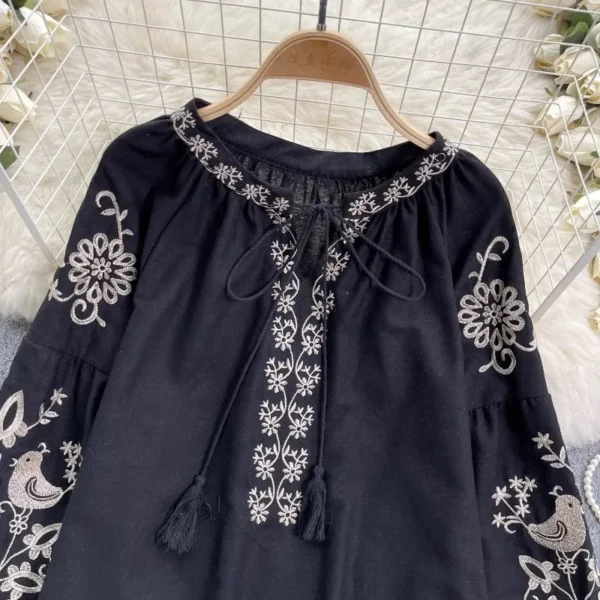 Neploe Vintage Heavy Embroidery Shirts Women Y2k Lace Up O-neck Tassel Blusas Mujer 2025 Spring New Long Sleeve Loose Blouses - Imagen 4