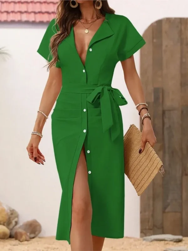 Women's Casual V Neck Short Sleeved Single-breasted Lace-up MIDI Dress Summer Solid Color Stylish Elegant Female Shirt Dresses - Imagen 6