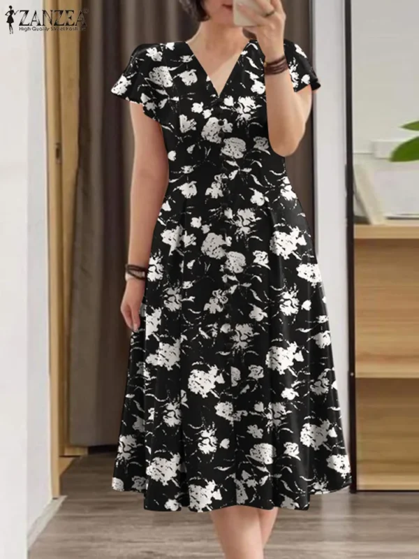 ZANZEA Woman Summer Midi Dress Fashion Floral Print Ruffle Cap Sleeves V-neck A-line Vestidos Casual Fitted-waist Party Sundress - Imagen 2