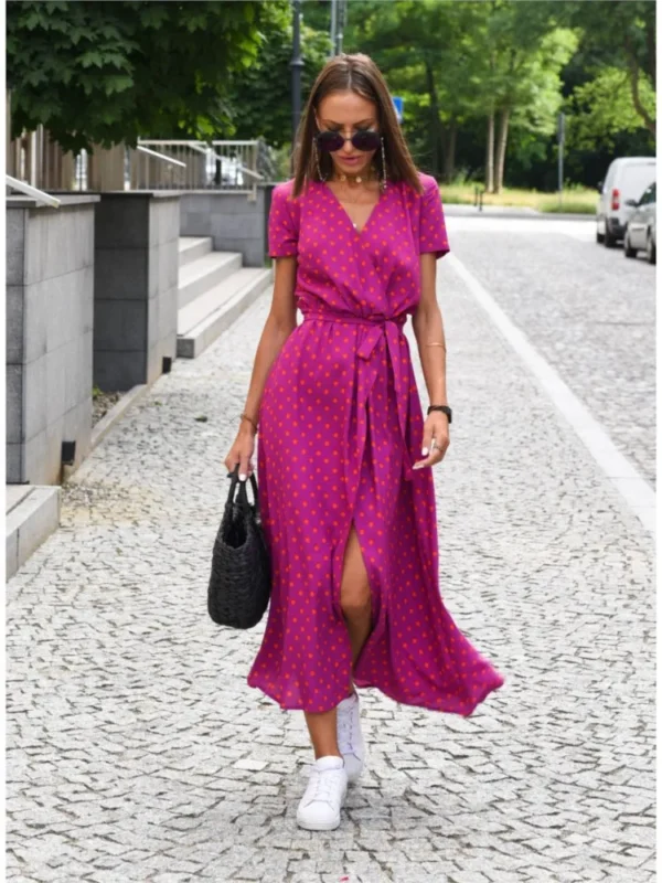 Women Floral Print Long Dresses Summer Sexy V Neck Split Lace-up Dress Female Casual Elegant Short Sleeve Beach Dress Vestidos - Imagen 3