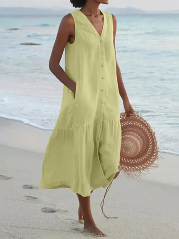 Summer Loose Casual Patchwork Cotton Linen Pocktes Dress V Neck Beach Style Dress Sleeveless Vintage Club Midi Solid Women Dress - Image 2