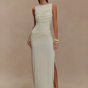 Mozision Backless Ruched Sexy Maxi Tank Dress Women Gown Summer New O Neck Thigh High Split Bodycon Elegant Long Dress Fashion