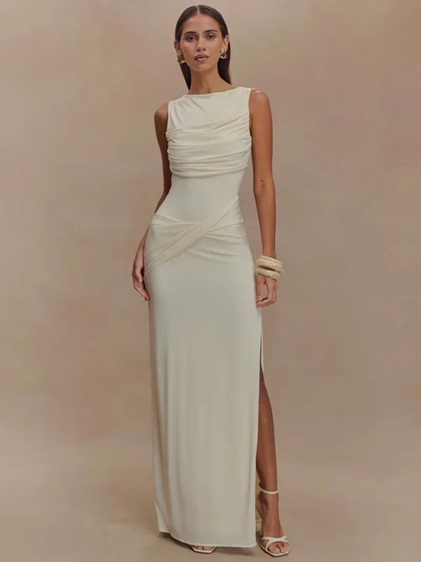 Mozision Backless Ruched Sexy Maxi Tank Dress Women Gown Summer New O Neck Thigh High Split Bodycon Elegant Long Dress Fashion
