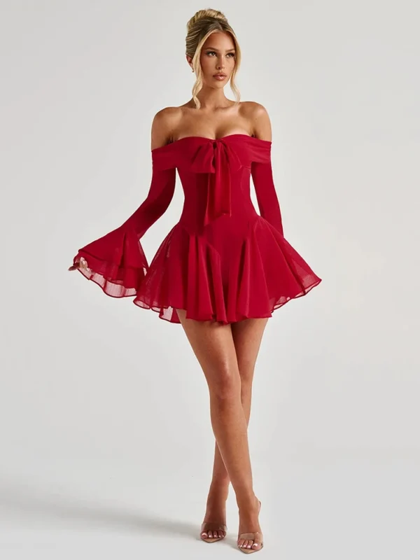 Mozision Strapless Long Flare Sleeve Sexy Mini Dress For Women Robe Off-shoulder Backless High Waist A-line Club Party Dress - Imagen 5