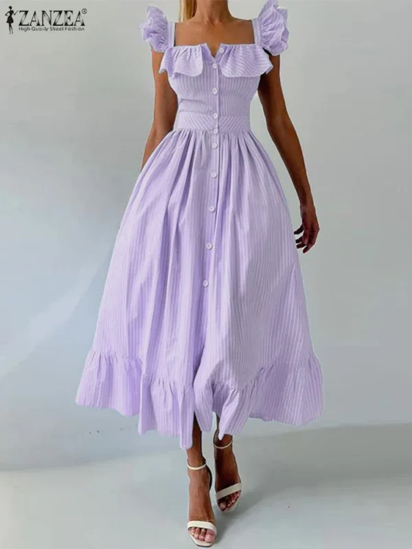 ZANZEA Women Fashion Ruffles Midi Dresses Bohemian Square Neck Sleeveless Striped Ruffled Hem A-line Robes Femme Vacation Style - Imagen 3
