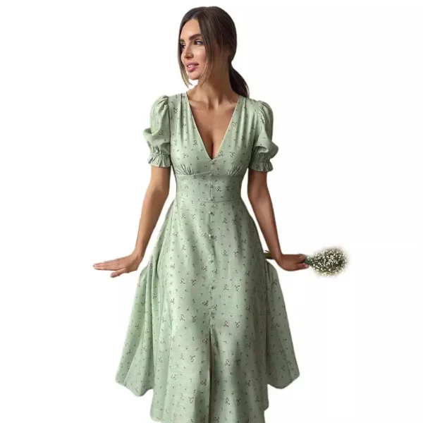 Summer Elegant Dresses Long V-neck Lantern Sleeves Double Buttons Sexy Dress Short Sleeves Party Robe Female Clothes vestidos - Imagen 5