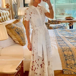 Casual Solid Color Holiday Dresses Summer Women's Lapel Tie Up Lace Dress Sexy Hollow Short Sleeved Single Breasted Long Dress
