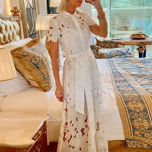 Casual Solid Color Holiday Dresses Summer Women's Lapel Tie Up Lace Dress Sexy Hollow Short Sleeved Single Breasted Long Dress