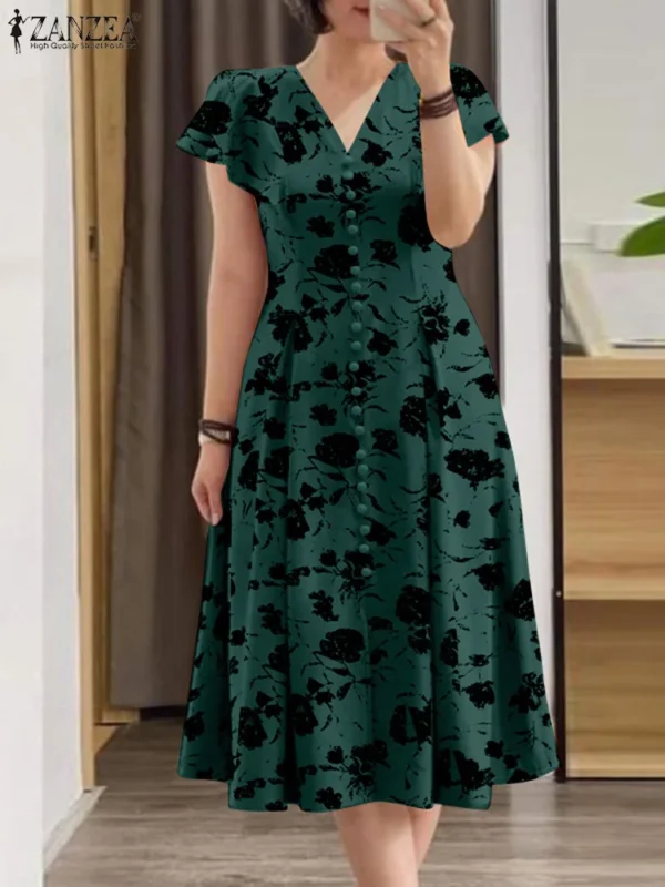 ZANZEA Woman Summer Midi Dress Fashion Floral Print Ruffle Cap Sleeves V-neck A-line Vestidos Casual Fitted-waist Party Sundress - Imagen 3