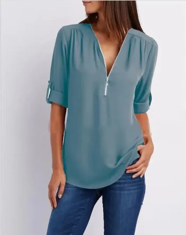 2025 Hot Sale Women Cool Loose Shirt Deep V Neck Chiffon Fashion Blouse Casual Ladies Tops Sexy Zipper Pullover Plus Size - Imagen 6