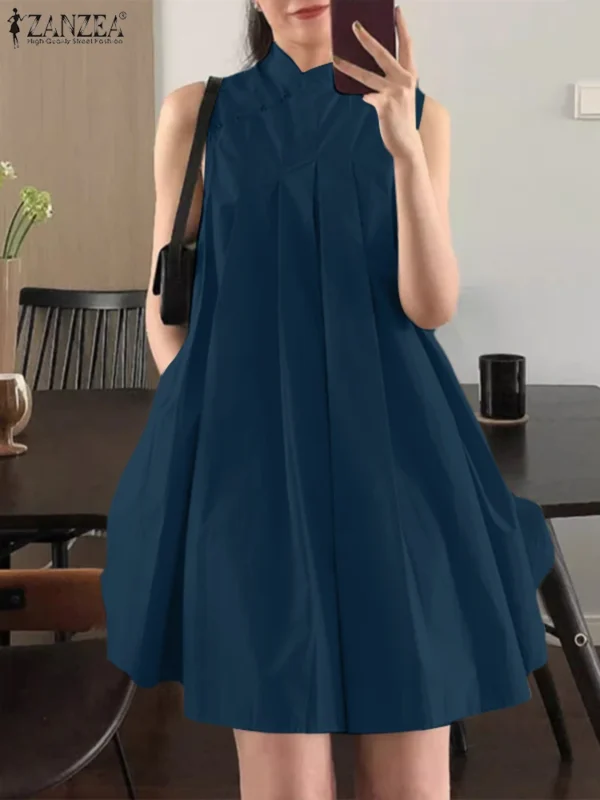 ZANZEA Elegant Sleeveless A-line Vestidos 2024 New Chinese Dress Women Pleating Party Dress Vintage Fashion Mandarin Collar Robe - Imagen 4