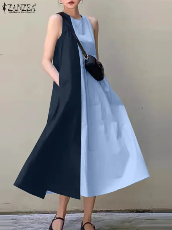 ZANZEA Fashion Women Sleeveless Long Sundress 2024 Summer Tank Shirt Dress Holiday Colorblock Robes Casual Round Neck Vestidos - Imagen 2