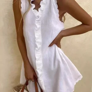 New Women Casual Cotton And Linen White Dress Summer V Neck Ruffles Sleeveless Elegant Boho Beach Party Mini Dresses Female Robe