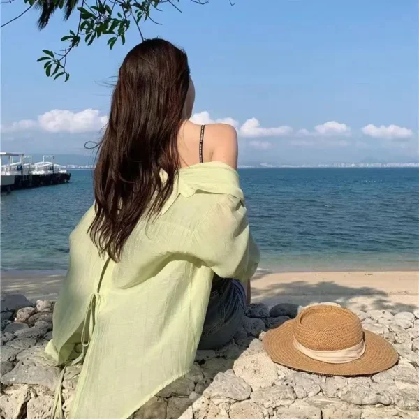 Thin Long Sleeve Sunscreen Shirt Woman Korean Fashion Back Split Lace Up White Shirts Women Casual Loose Holiday Beach Blouse - Imagen 6
