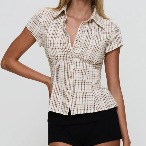 hirigin Women's Y2K Short Sleeve Plaid Button Down Shirt Button Down Blouses Tops Casual Summer Shirt Tops 90s Streetwear - Imagen 2