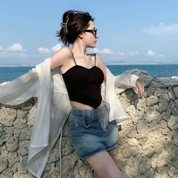 Thin Long Sleeve Sunscreen Shirt Woman Korean Fashion Back Split Lace Up White Shirts Women Casual Loose Holiday Beach Blouse - Imagen 4