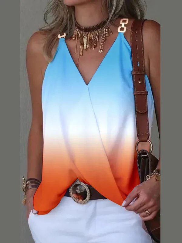 Elegant V-Neck Blouse for Women, Sexy Sleeveless Chain Print, Lady Casual Tops, White, Summer, 2024 - Imagen 2
