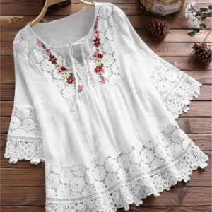 Summer Women Casual New Solid Shirt Tops Cotton And Linen Stitching Lace Flower V-neck Loose Top Blouse Elegant Holiday Shirts