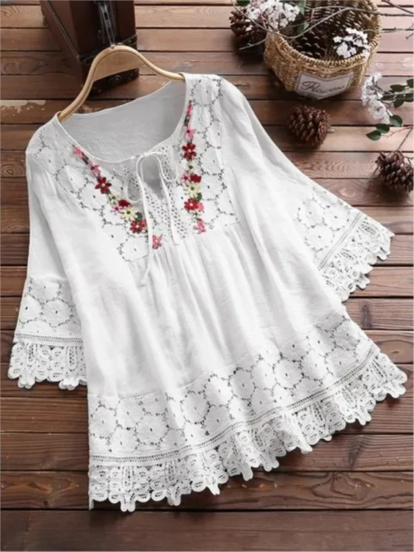 Summer Women Casual New Solid Shirt Tops Cotton And Linen Stitching Lace Flower V-neck Loose Top Blouse Elegant Holiday Shirts