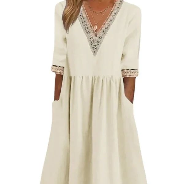 Elegant Women's Cotton Dress Spring Summer 2025 Loose Cotton Hemp Lace Collar 5/4 Sleeve Midi Dress vestidos de mujer casuales - Imagen 5