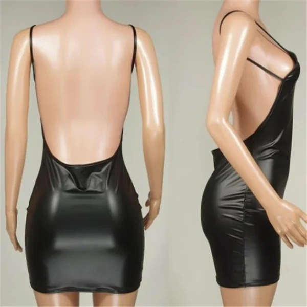 Sexy Faux Leather Dress Backless Club Party Short Dress Solid Black Wet Look Latex Bodycon Push Up Bra Mini Micro Dress - Imagen 4