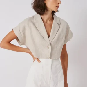 100% Linen Women'S Shirt Vintage Notched Collar Short Sleeve Button Up Shirts Elegant Fashion Woman Blouses 2024 Blusas Feminina