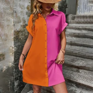 Color Block Shirt Dress For Women Elegant Loose Short Sleeve Summer Lapel Skirt Button Pocket Evening Dress Plus Size WomenDres