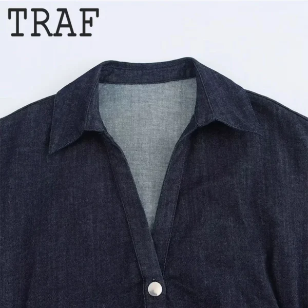 TRAF Pleated Single Breasted Denim Dress Women Fashion Short Sleeve Elegant Dresses 2025 Lady Chic Commute Casual Midi Dress ﻿ - Imagen 5