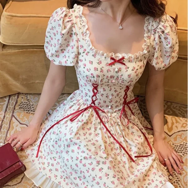 Cute Florals Dress Women Vintage Cottagecore Y2k Puff Sleeve Square Collar Lace-up High Waist Corset Dress Female - Imagen 5