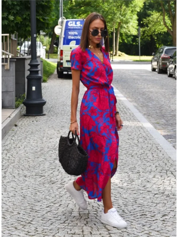 Women Floral Print Long Dresses Summer Sexy V Neck Split Lace-up Dress Female Casual Elegant Short Sleeve Beach Dress Vestidos - Imagen 5