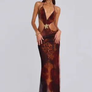 DGLUKE Tie Dye Print Cut Out Maxi Dress Women Plunging Backless Mesh Long Dress Sexy Summer Beach Party Dresses