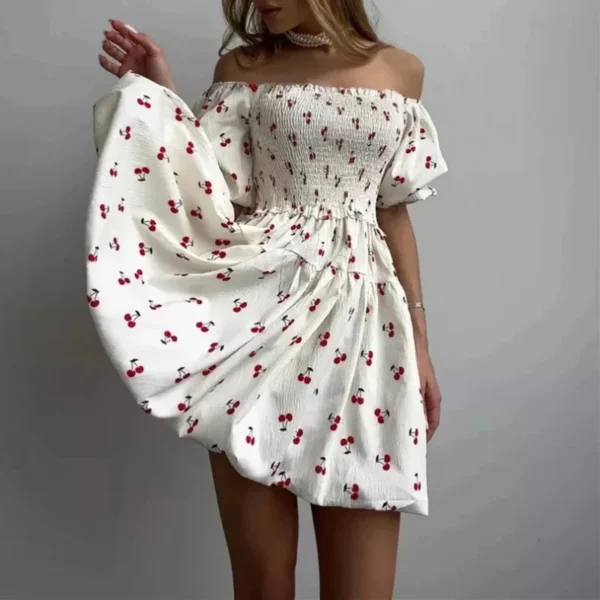 Traf 2025 Spring/Summer White Cherry Printed Bubble Short Sleeve Dress, Sexy Off Shoulder Knee, Daily Casual Versatile Dress - Imagen 5
