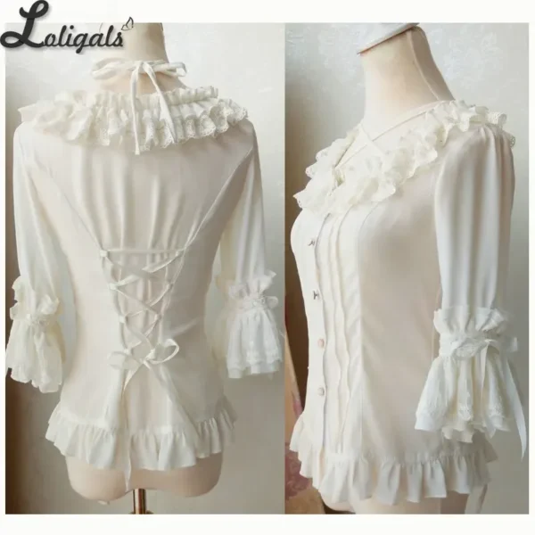 Sweet Chiffon Shirt Ruffled Short Sleeve Criss Cross Lolita Blouse - Imagen 5