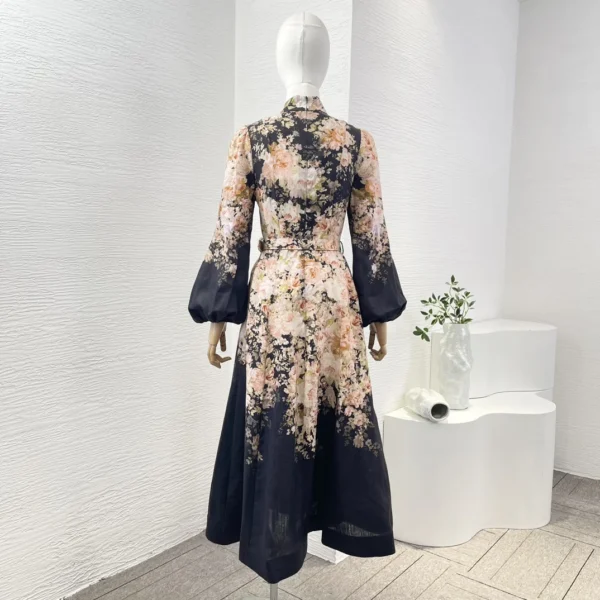 White Re-tro Floral Print 2024 New Spring Summer Elegant Collection Long Lantern Sleeve Belted High Quality Linen Mini Dresses - Imagen 4