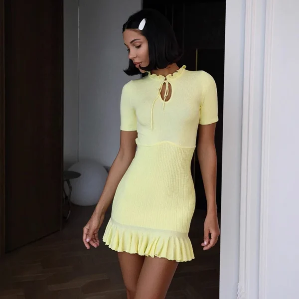 Tornova Knitting Ruffled Mini Dress Women's Hollow Lace Up High Waist Short Sleeve Dress Summer 2025 Evening Party Female Dress