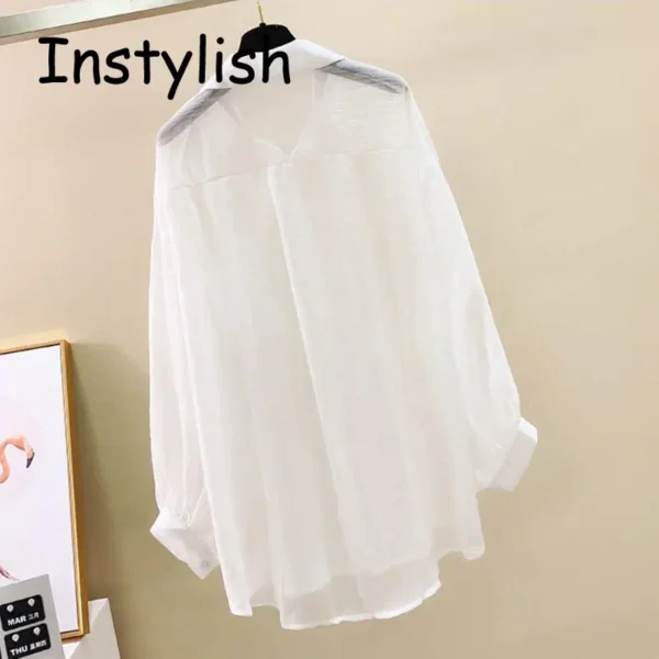 Women Elegant Long Sleeve Perspective Sheer Sunscreen Chiffon Blouse Korean Fashion Loose Shirt Women Summer Beach Cardigans - Imagen 5