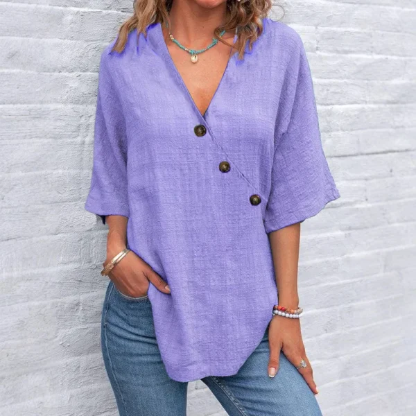 Women's Shirt Top V-neck Solid Casual Loose Shirt Summer Fashion V Neck Elegant Short Sleeve Party Tops Shirts Womens Clothing - Imagen 4