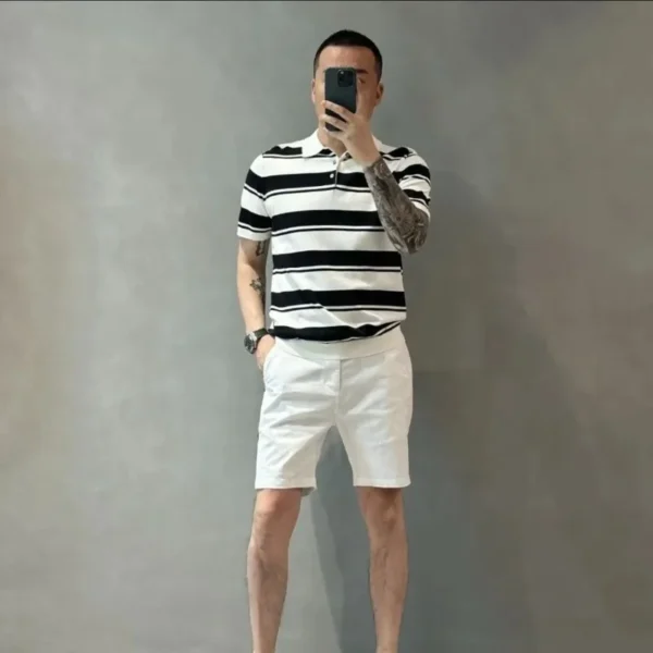 Smart Casual Summer Polo Shirts Men Turn-down Collar Striped Contrast Color Button Simplicity Fashion Loose Short Sleeve Tops - Imagen 3