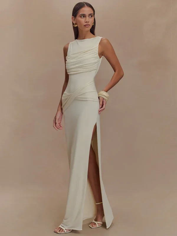 Mozision Backless Ruched Sexy Maxi Tank Dress Women Gown Summer New O Neck Thigh High Split Bodycon Elegant Long Dress Fashion - Imagen 2