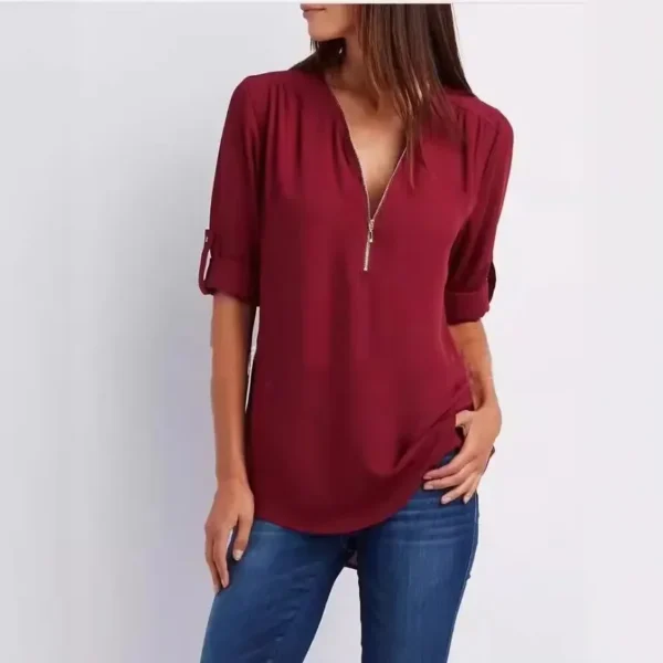 2025 Hot Sale Women Cool Loose Shirt Deep V Neck Chiffon Fashion Blouse Casual Ladies Tops Sexy Zipper Pullover Plus Size - Imagen 4