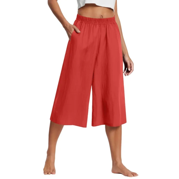 Feamle Casual and Versatile Lazy Style Wide Leg Pants With Pockets Lightweight High Waisted Loose Cropped Capris - Imagen 2