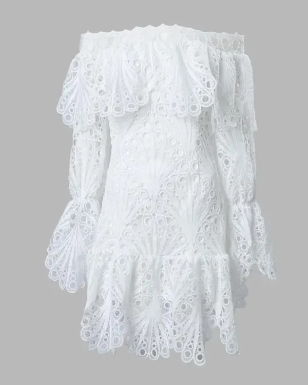 Elegant Dresses for Women Eyelet Embroidery Off Shoulder Ruffle Hem Party Mini Dress A Line New Fashion 2023 Summer Casual - Imagen 2