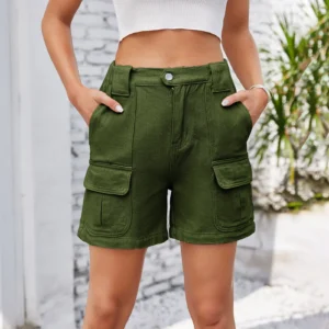 Shorts for Women Washed Distressed Jeans Elastic Waist Multiple Pockets 2025 Vintage Denims Female Straight Short Cargo Pants