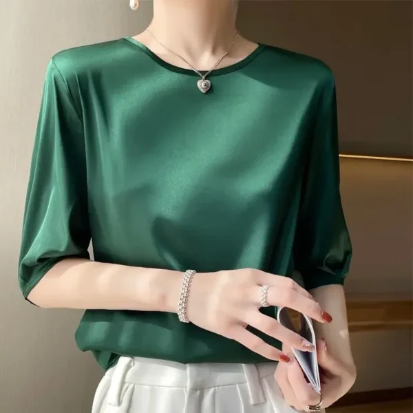 Summer satin Women Blouse Silky Loose Woman Shirt lady's half Sleeve tops Casual solid t-shirt O-Neck pullover women's clothing - Imagen 3