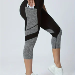 Women's Patchwork Pocket High Waist Yoga Pants Capri Leggings Tummy Tuck Sweatpants